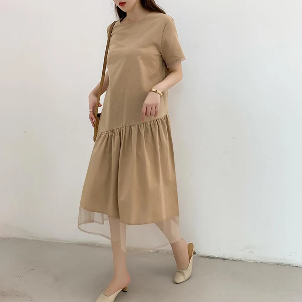 

Dress Mesh Plain Dress Short Sleeve Mimore Length Round Neck Ladies Fashion Pullover A Line Wearing 2021 New Style