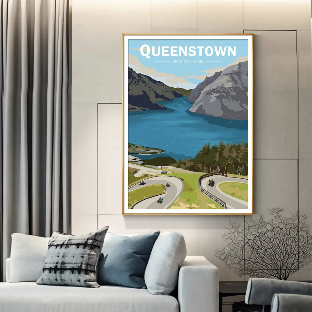 

New Zealand Queenstown Vintage Travel Poster Canvas Painting Wall Art Kraft Posters Coated Wallsticker Home Decor Gift