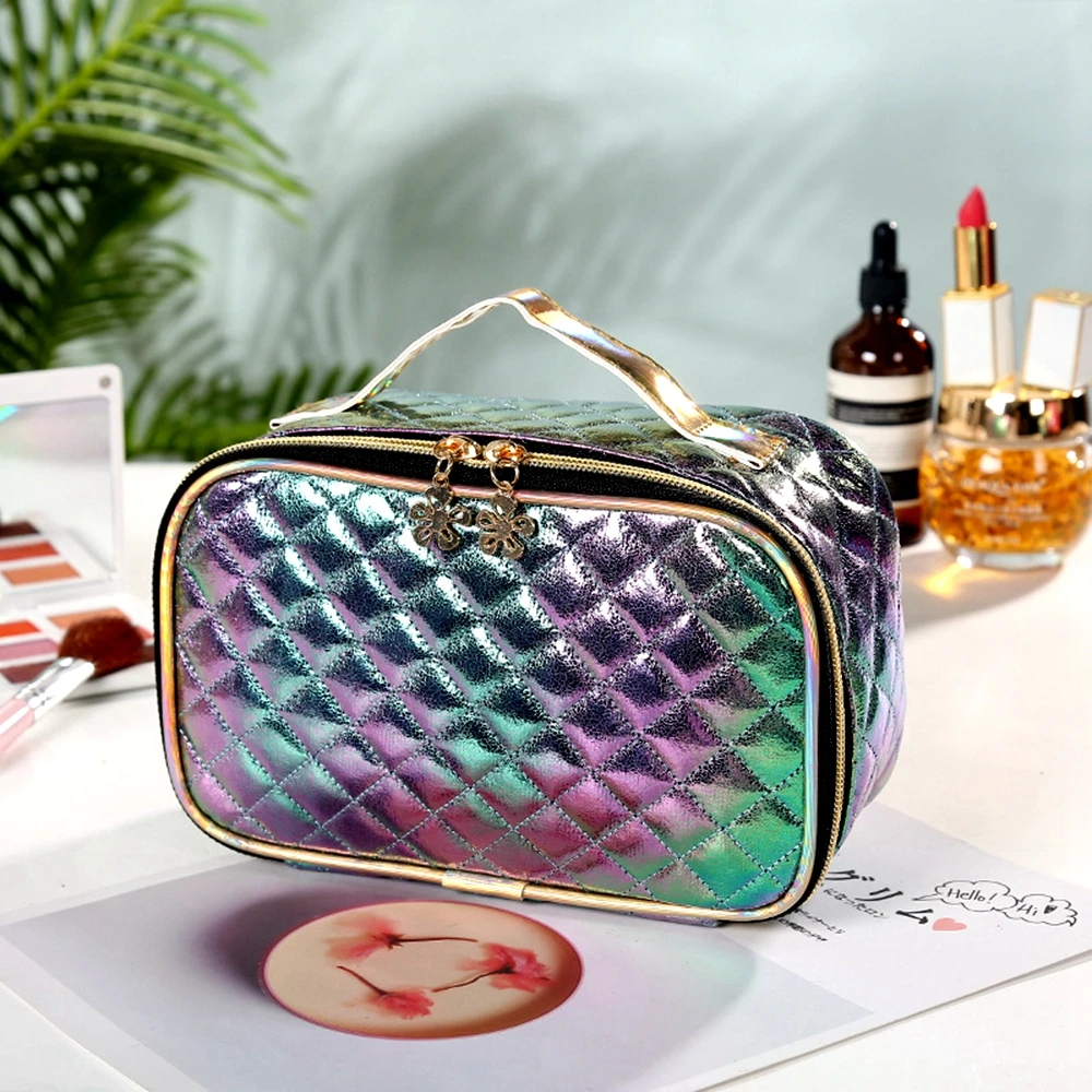 

New fashion pu portable cosmetic case makeup bag casual square lattice women storage wash bag