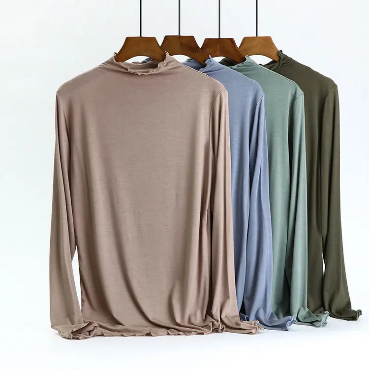 

Autumn Korean Cotton T-Shirt Women Turtleneck Vintage Long Sleeve Office Lady Tshirts Brown Slim Women Shirt Mujer Camisetas