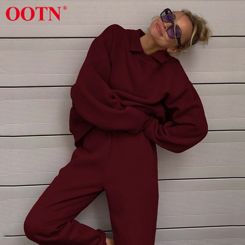 

OOTN красный спортивный комплект, пуловер с длинным рукавом и отворотом, Осенние узкие брюки с эластичной резинкой на талии, комплект из 2 пред...