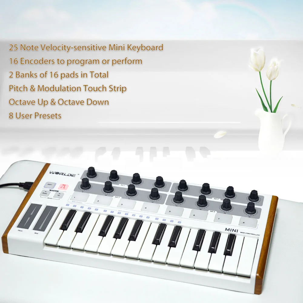 Worlde Ультрапортативный Профессиональный 25-клавишный USB MIDI-Барабанный коврик и