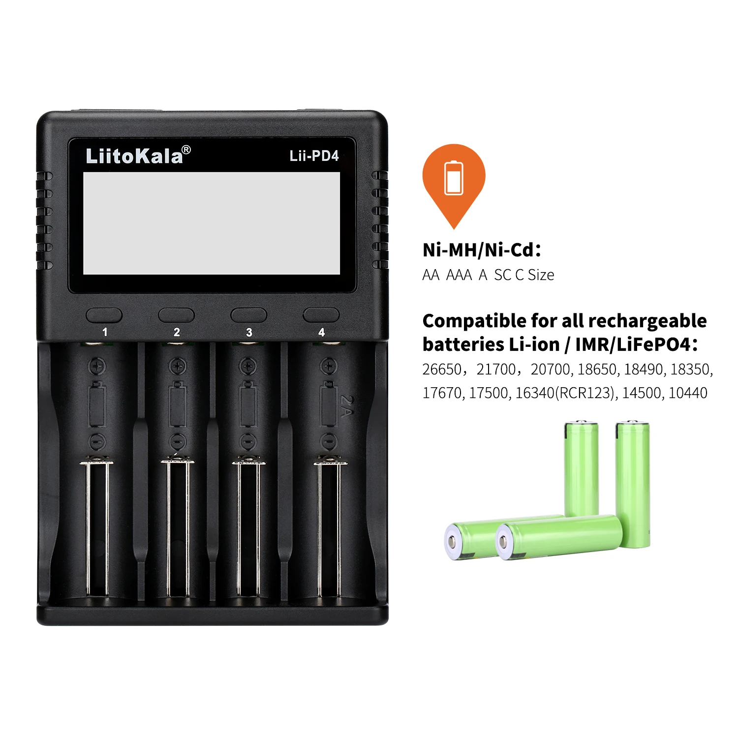 LiitoKala Lii-PD4 LCD Battery Charger for 18650 26650 21700 18350 AA AAA 3.7V/3.2V/1.2V/1.5V lithium NiMH battery 18650 charger