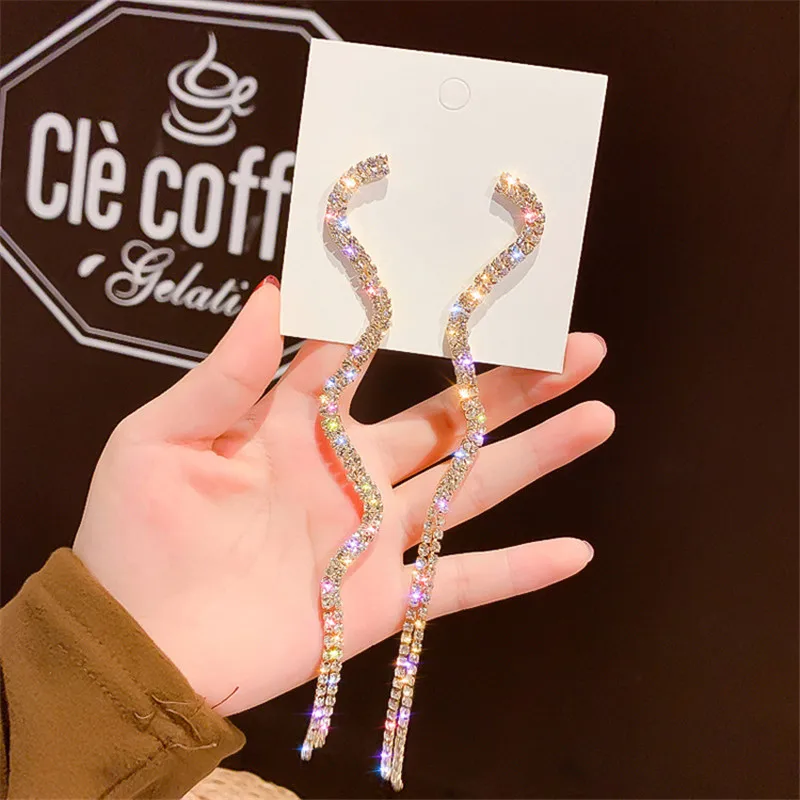 Long Tassel Crystal Drop Earring For Women Shiny Gold Silver Color S Shape Rhinestone Dangle Wedding Party Jewelry | Украшения и