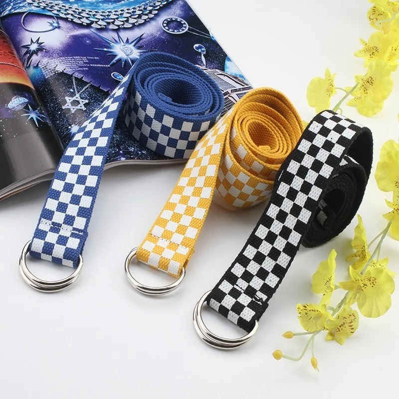 

Fashion Street Style Women Punk Checkerboard Long Belt D Ring Plaid Checkered Belts Jeans Black Blue Yellow Canvas Strap