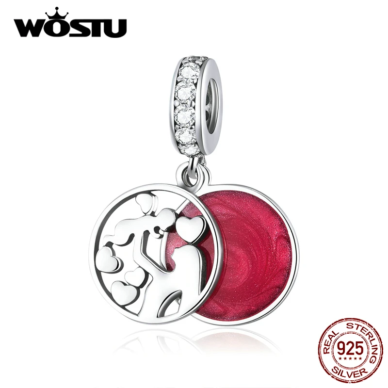WOSTU Double Layers Mother &amp Child Charm 925 Sterling Silver Red Enamel Round Bead Fit Original Bracelet Pendant Jewelry FIC1460 |