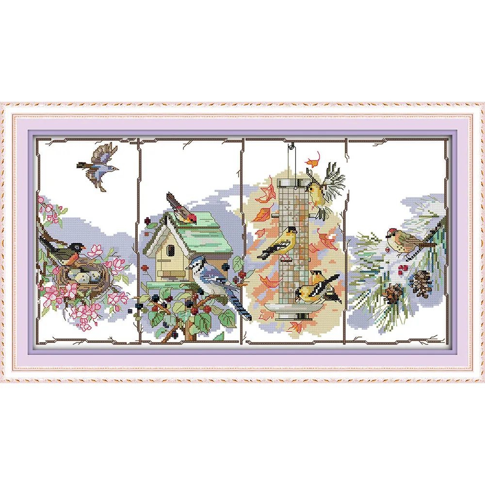 

Joy Sunday The Birds Of The Four Seasons Chinese Cross Stitch Kits Ecological Cotton Stamped 11C DIY Wedding Decoration For Home