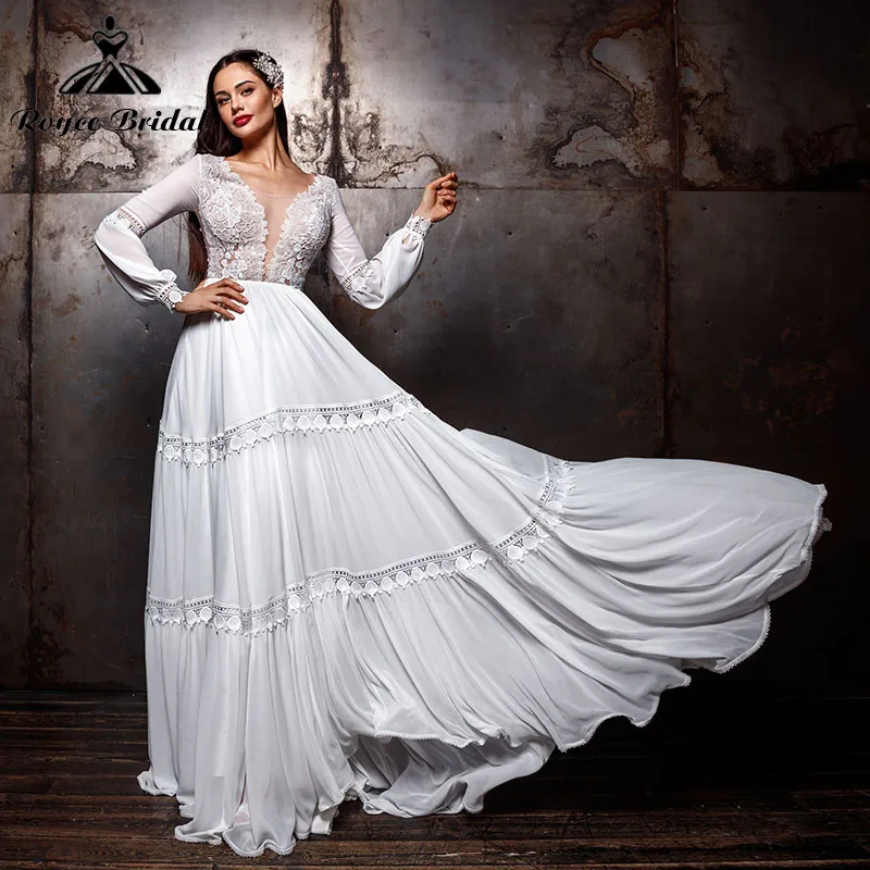 

Богемное свадебное платье А-силуэта в стиле бохо, шифоновое кружевное платье с длинными рукавами-фонариками, глубоким V-образным вырезом и о...