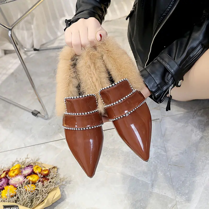 Обувь с острым носком Женская зимняя обувь кроличьим мехом Модная из