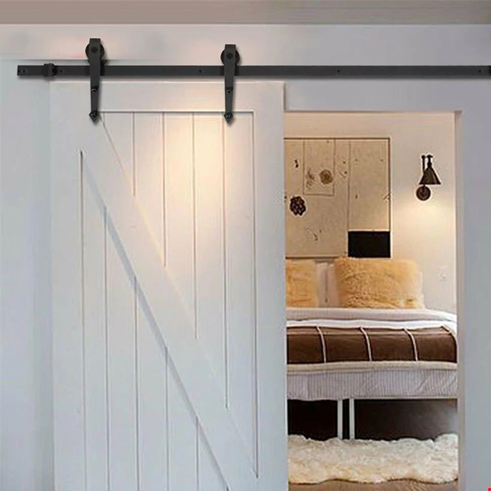 Sliding Barn Door Hardware Kit Top Mounted Hanger Track Black Steel Closet Door Roller Rail Single Door Sliding Door Rail Pulley