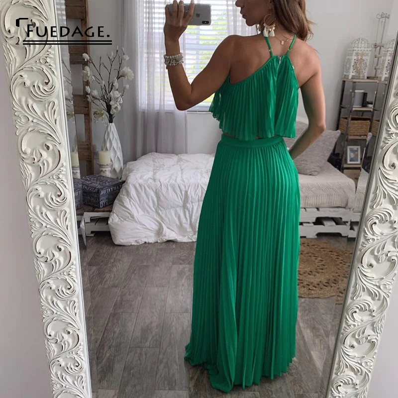 Fuedage Летний шифоновый Зеленый сексуальный комплект из двух предметов с рюшами