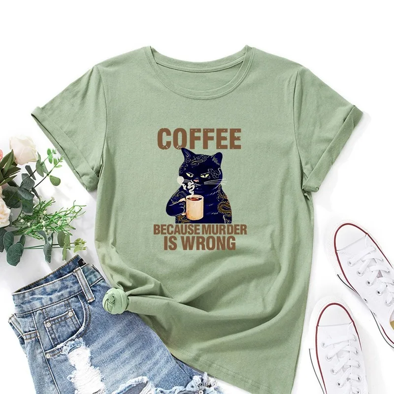 

Cotton Women's T-shirt Summer Short Sleeve Funny Coffee Cat Letter Print Graphic Tee Casual O-Neck Clothes Female Tops