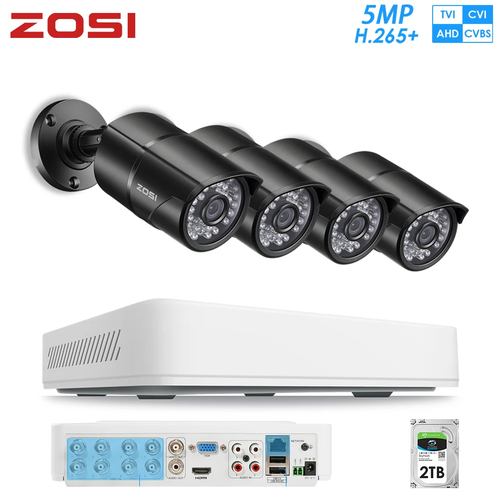 

ZOSI H.265+ 8CH CVBS AHD CVBS TVI Super HD 5MP Security Camera System With 2TB HDD and Weatherproof CCTV Video Cameras DVR Kit