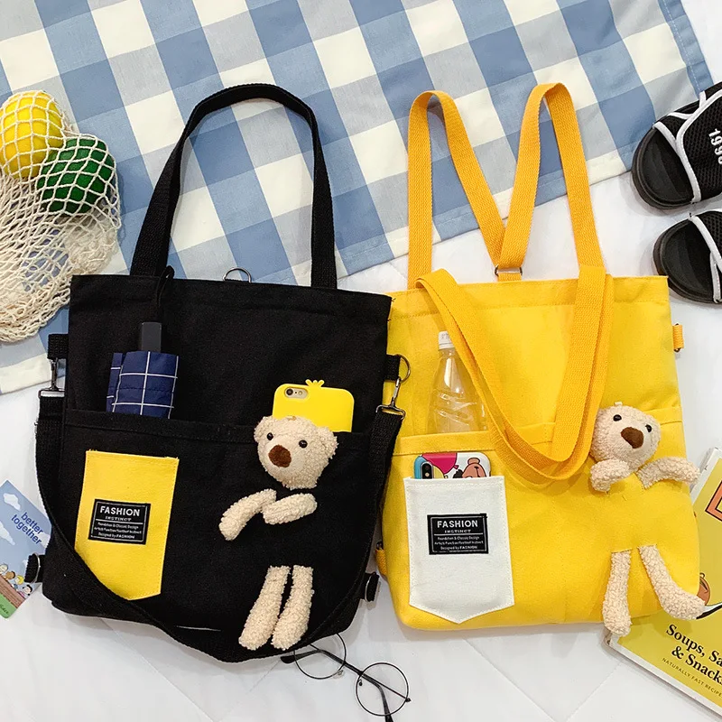 

Cute Cartoon Bear Women Shoulder Bag Fashion Solid Color Canvas Handbags Female Casual Large Capacity Travel Shopping Totes bag