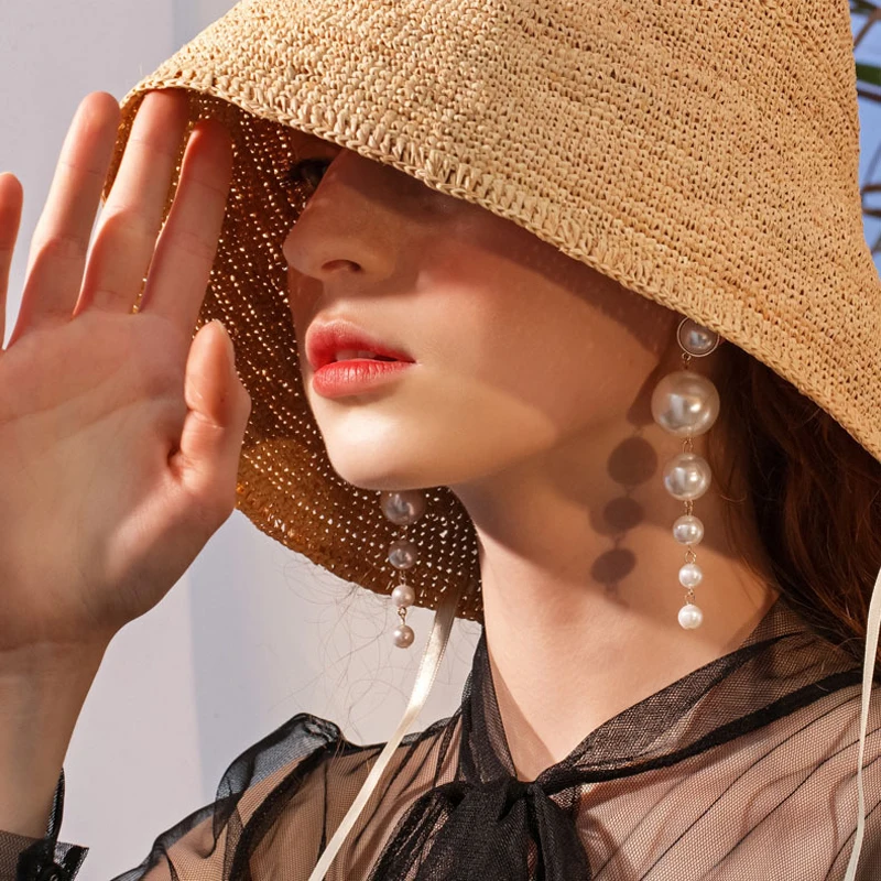 

Trendy Elegant Created Big Simulated Pearl Long Earrings Pearls String Statement Drop Earrings For Women Wedding Party Gift