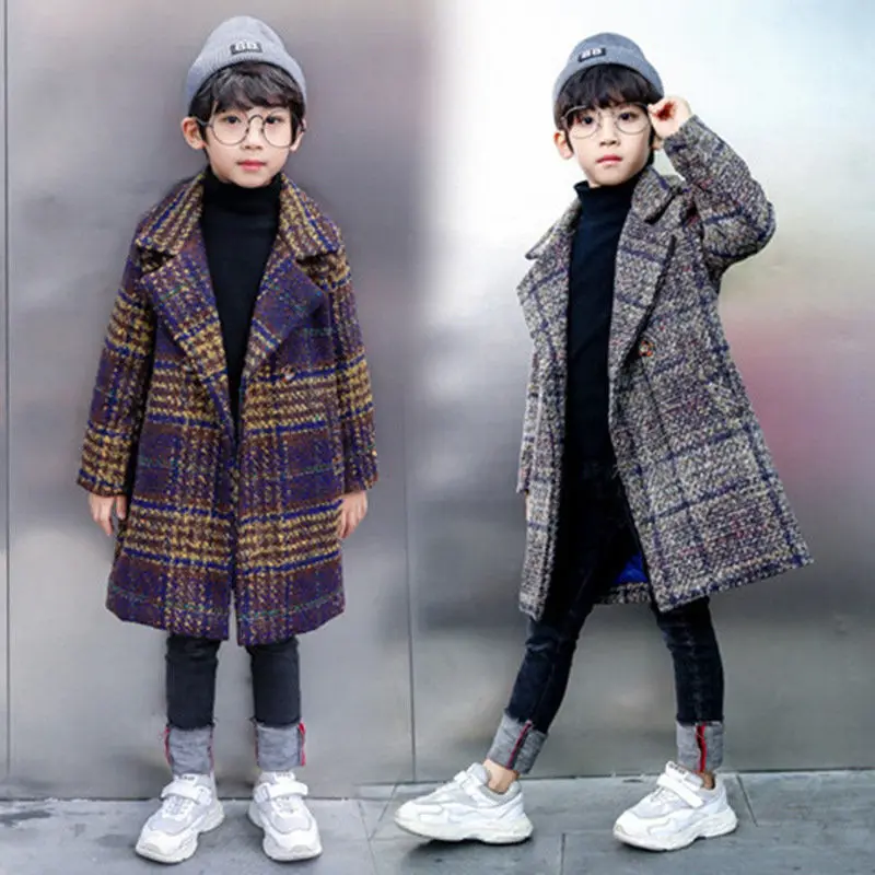 

2021 Kid's Clothing Thicken Autumn Winter Turn Down Collar Plaid Coats Children Long Wool Double-breasted Outerwear for Boys Q86