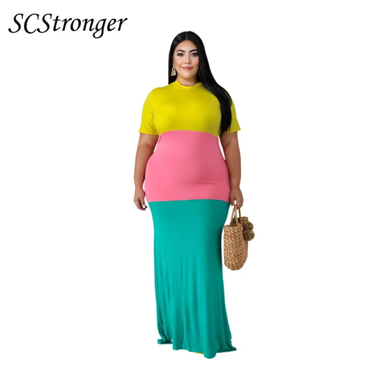 

Autumn Women's Plus Size Dress Colorful Striped Round Neck Stitching Polyester High Waist Aline Skirt Vestidos Mujer Verano 2021