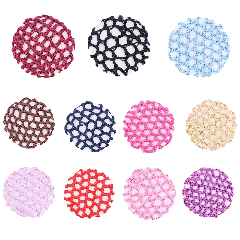 

10Pcs Women Handmade Crochet Knit Mesh Bun Cover Elastic Snood Hair Net Multicolor Ballet Dance Skating Hair Accessories