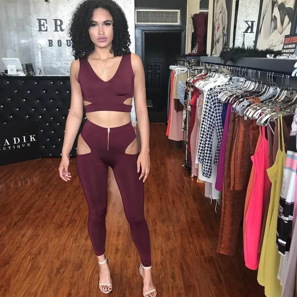 

BKLD Sexy V Neck Women Tracksuit Two Piece Set 2020 Summer Sleeveless Crop Top And Pants Hollow Out 2 Piece Outfits For Women