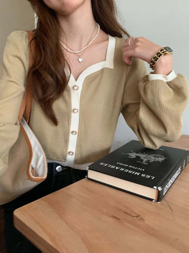 Neck T-shirt French Loose Contrast Color Aging Short Long Sleeve Top 2021 Early Autumn |