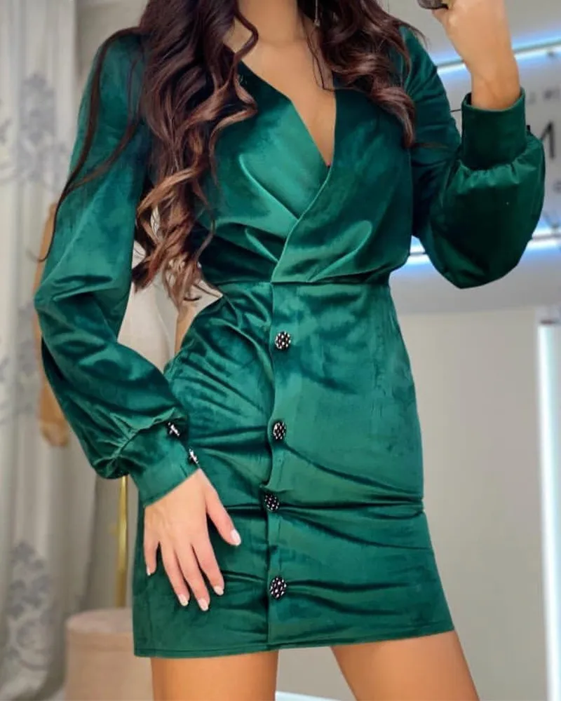 

2021 ladies spring and autumn new fashion solid color velvet lantern sleeve button design tight dress sexy slim party club dress
