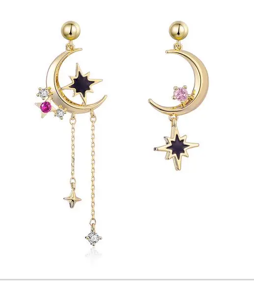 

S925 ladies earrings creative accessories silver pin diamonds stars moon trend wild fringed zircon earrings earrings for women