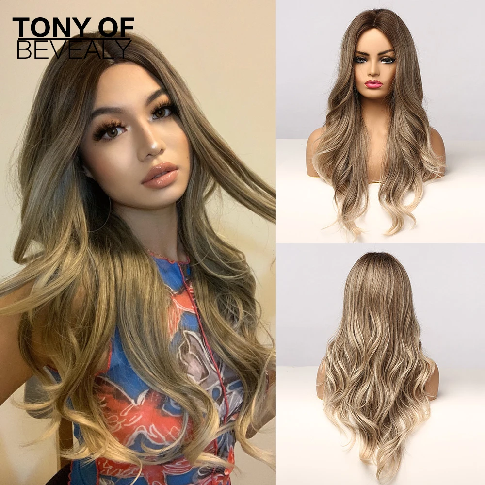 Long Wavy Ombre Blonde Hair Wigs Middle Part Natural Synthetic Wigs for Afro Women Daily Cosplay Fashion Heat Resistant Wigs  - buy with discount