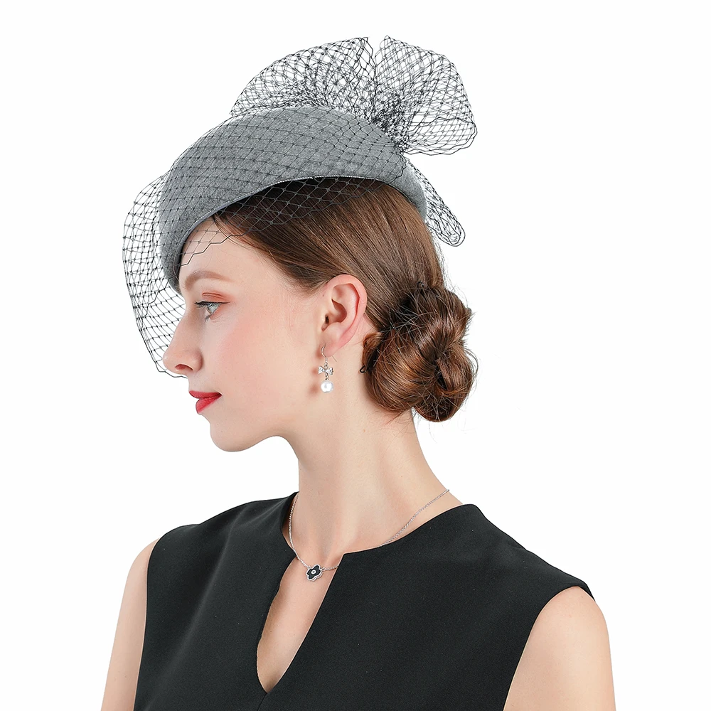 Fedoras Wool Leaf Hat Gray Fascinator For Women Elegant Church Wedding With Veil Cap Cocktail Tea Party Hair Clip Hat Girls