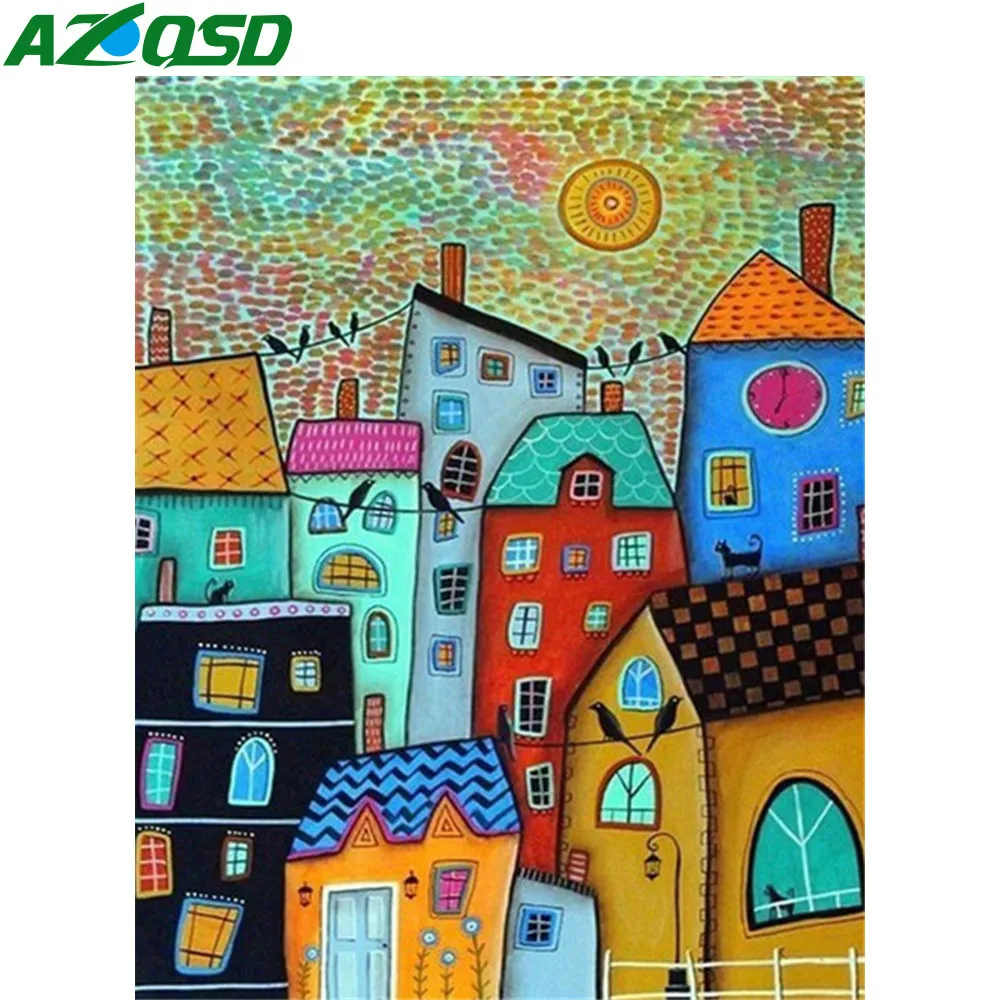 AZQSD Раскраска по номерам дом пейзаж рисунок на холсте картина взрослых
