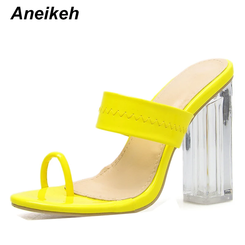 Aneikeh/ Новинка в классическом стиле для досуга, женские тапочки на платформе с открытым носком квадратное чистое стекло обувь на высоком каблуке на каждый день красный желтый размеры 35–42