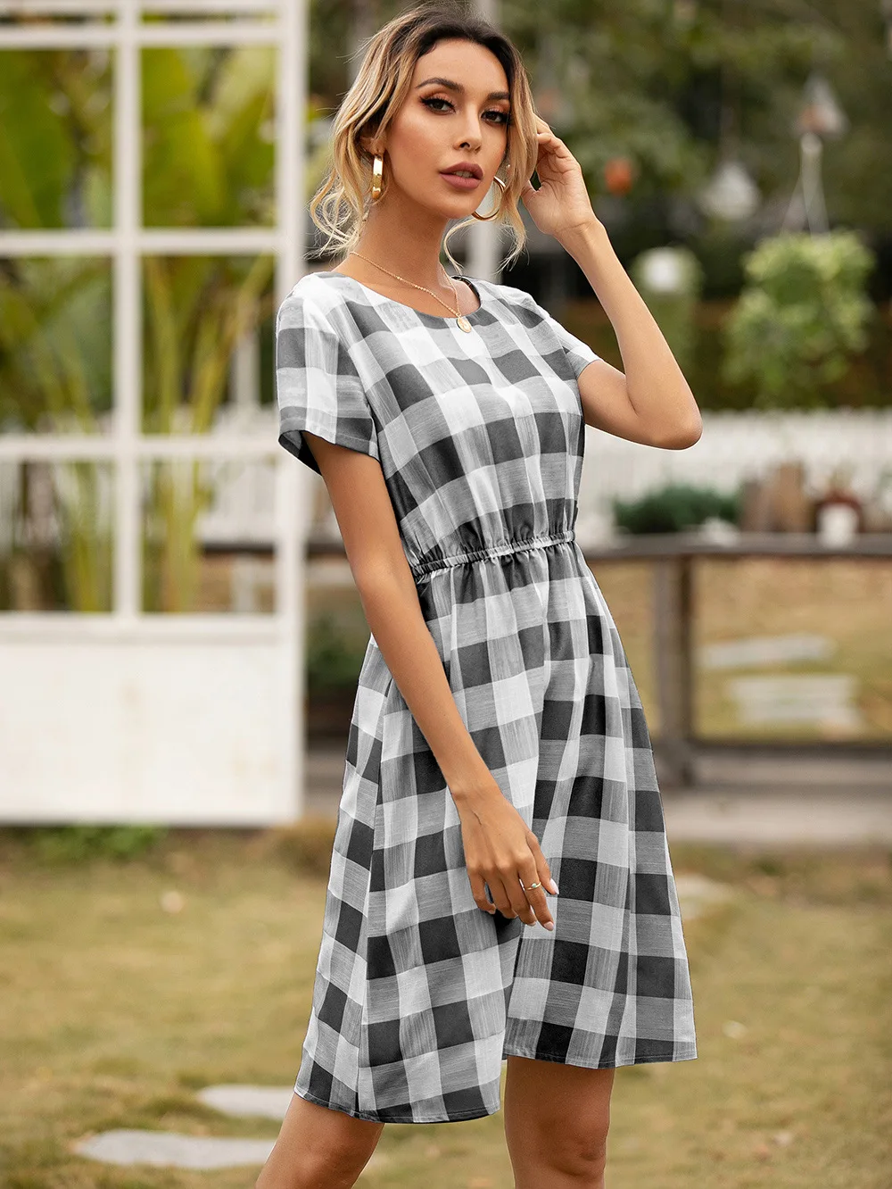 

2021 Summer Short Sleeve O-neck Waist for Women Bohemian Printed Plaid A-LINE Elegant Fashion Casual Party Dresses