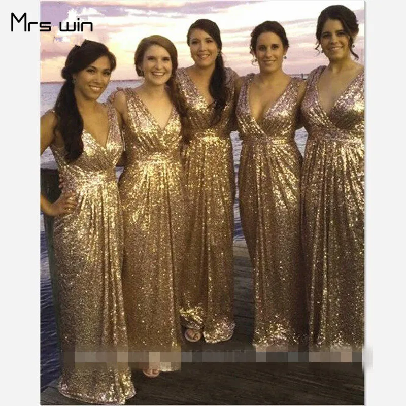 

Mrs win Bridesmaid Dresses Elegant Gold Sequins Wedding Guest Dress Long Sheath V-neck Plus Size Vestido Madrinha 2020 HR105