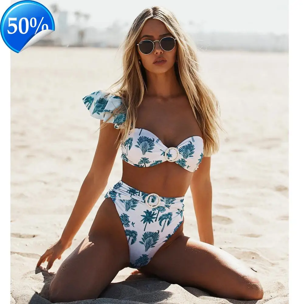 Новинка 2021 бикини с высокой талией женский купальник двойными оборками комплект