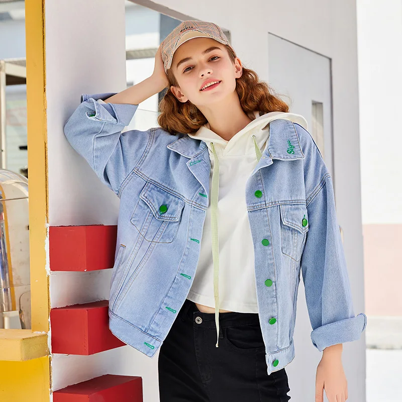 Женская джинсовая куртка на пуговицах базовая винтажная Свободная с длинным