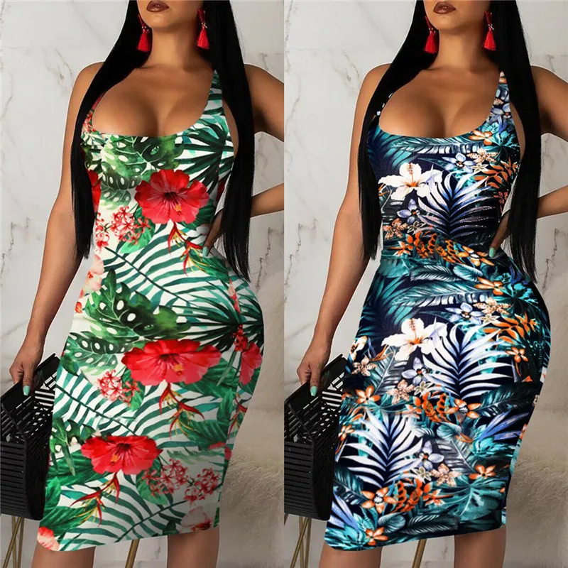 Женское облегающее платье с цветочным принтом винтажное вечернее без рукавов в