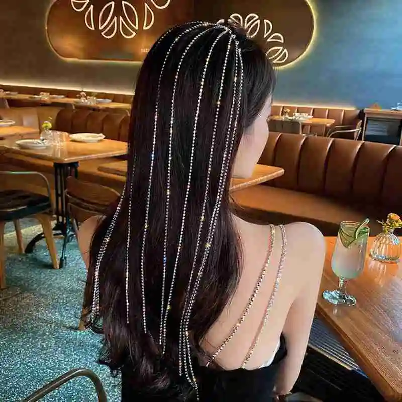 

Shine Full Rhinestone Headband for Women Long Tassel Crystal HairClip Wedding Party Hair Accessories Jewelry