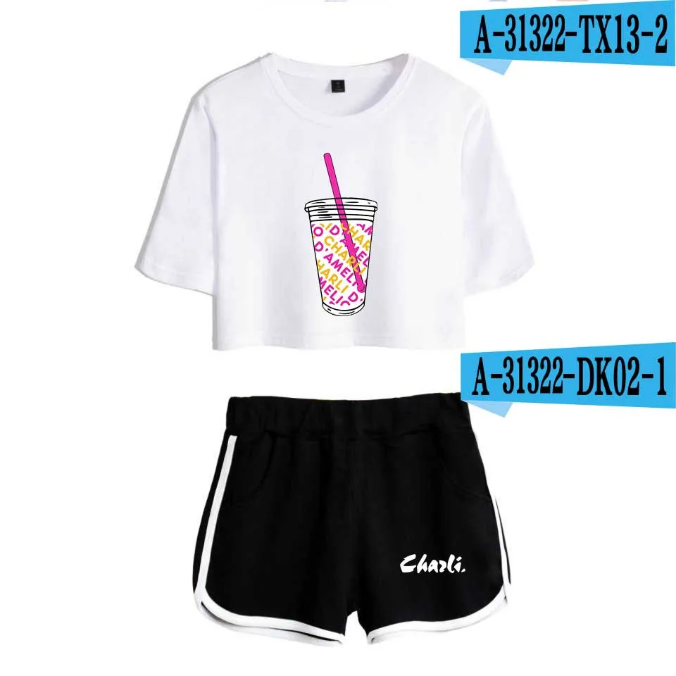 

Fashion Charli DAmelio Ice Coffee Splatter Print Dew navel Girl suits Two Piece Set Short Sleeve Sexy Shorts+lovely T-shirt