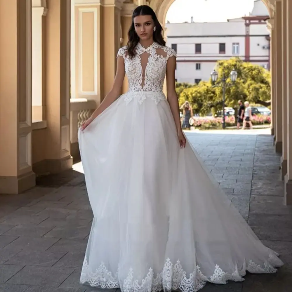 

RANMO Arabic Wedding Dresses 2022 O-Neck Appliques Lace Cap Sleeves A-Line Boho Wedding Gown Bride Dress Vestidos De Novia