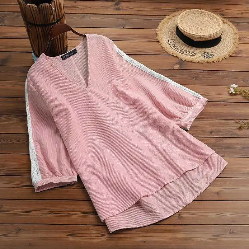 

ZANZEA Women V Neck Long Sleeve Striped Shirt Autumn Lace Patchwork Blouse Vintage Tunic Tops Casual Asymmetrical Blusas Chemise