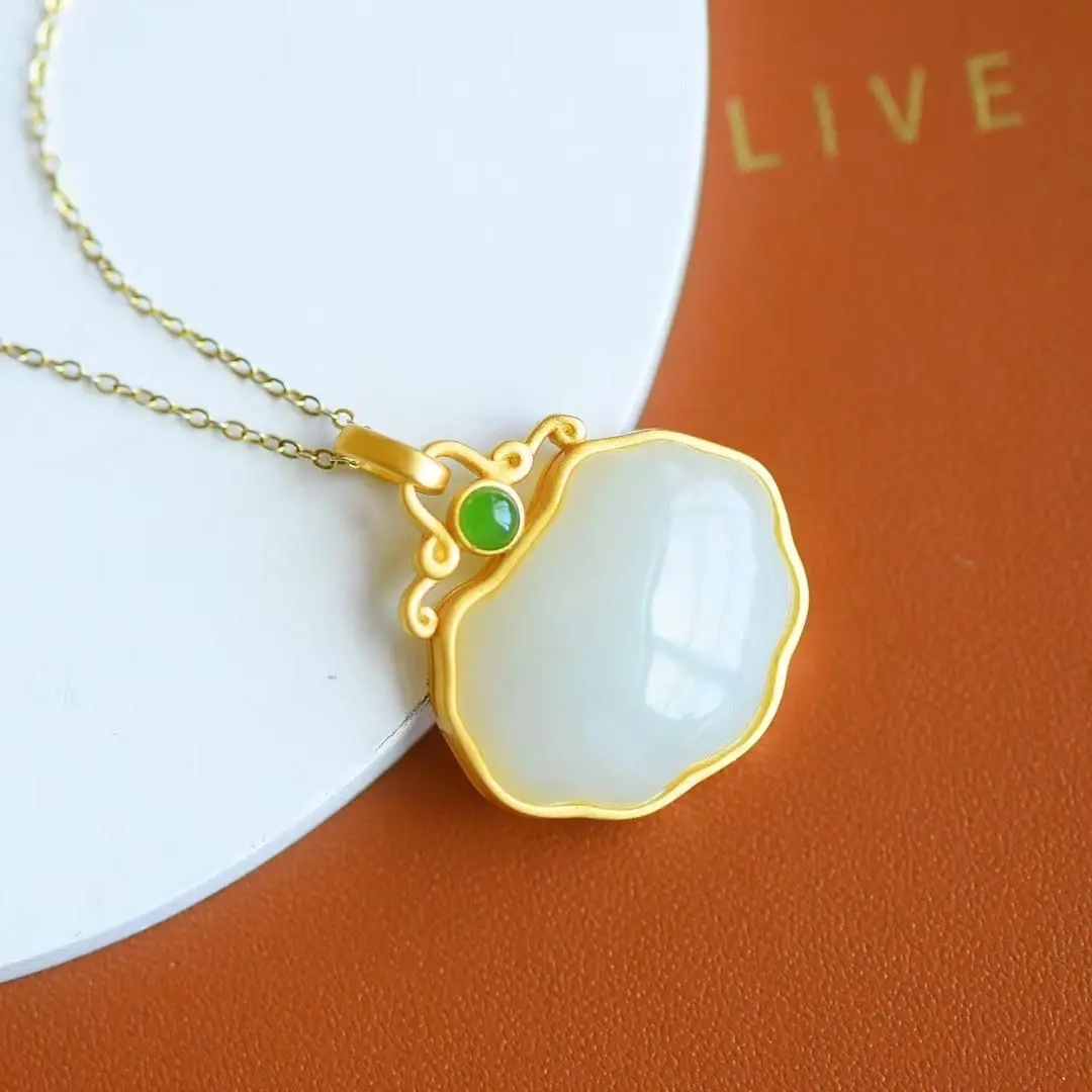 

Natural Hetian Jade White Jade Jasper Ruyi Pendant Lucky S925 Sterling Silver Inlaid Gift Retro Style