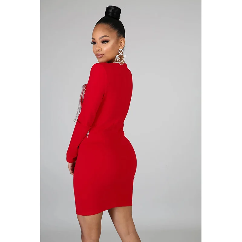 

Plus Size Sexy Crystal Long Tassel Dress Bodycon Mini Dress Long Sleeve Women Party Night intage Vestidos Red White Black