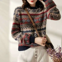 2022 autumn winter womens vintage christmas sweater new round neck pullover woman thick knitted tops lazy thick ethnic sweater