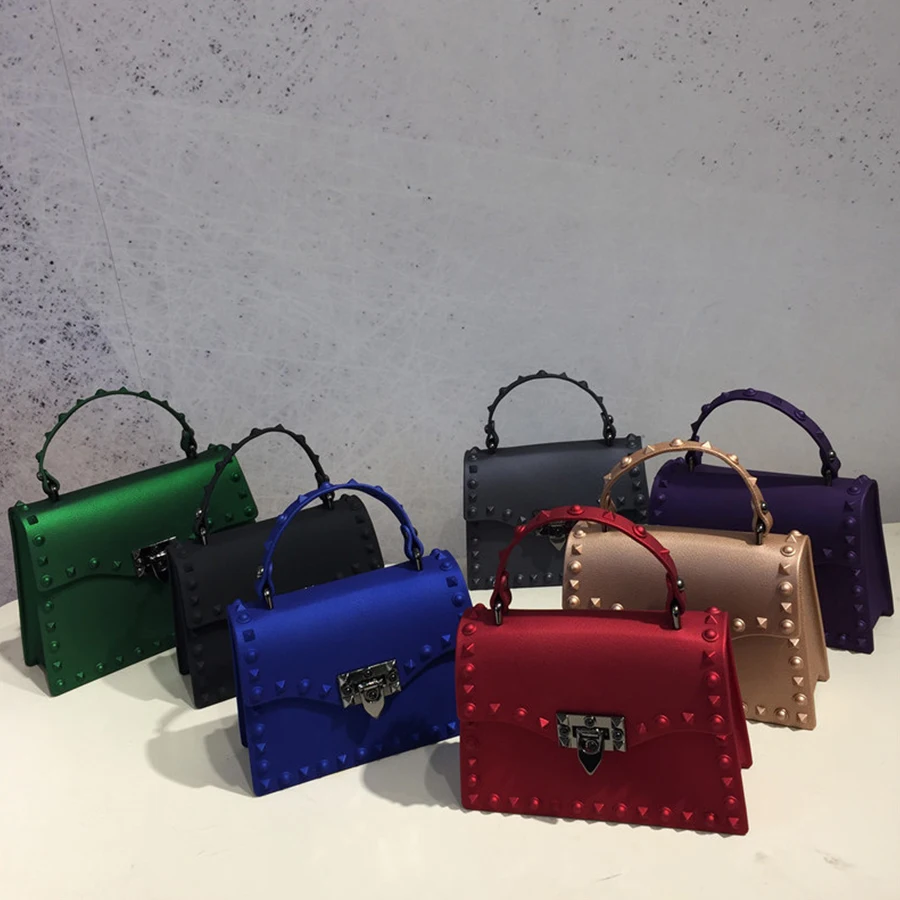 

Rivets Women Handbags Candy Color Jelly Women Messenger Bags Luxury Designer PVC Women's Shoulder Bags Females Handbag 2020 New