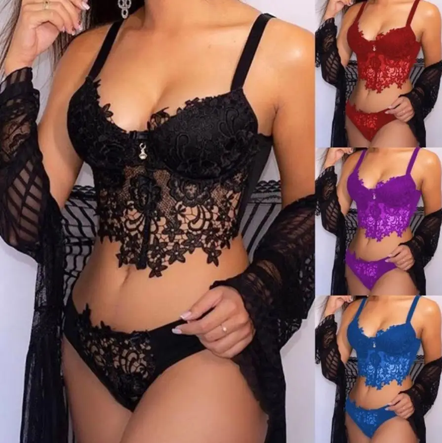 Комплект женского кружевного нижнего белья бюстгальтер пуш-ап трусы-плавки