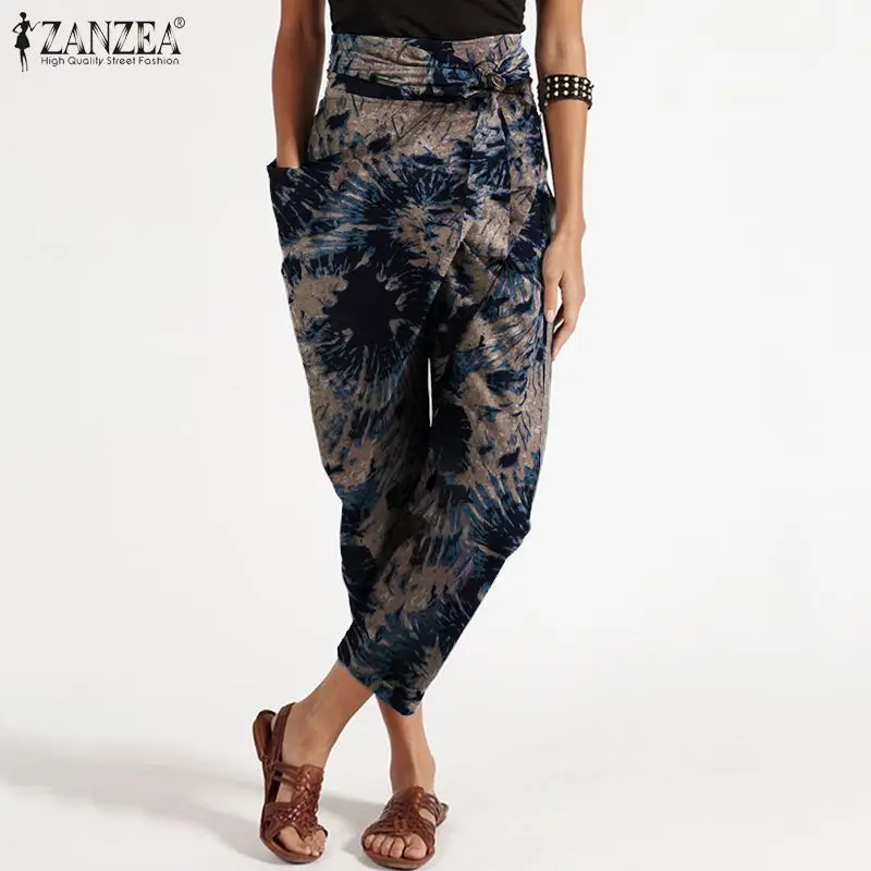 

Брюки-султанки с принтом женские осенние брюки ZANZEA 2021 повседневные укороченные брюки на молнии женские ассиметричные брюки палаццо с резьб...