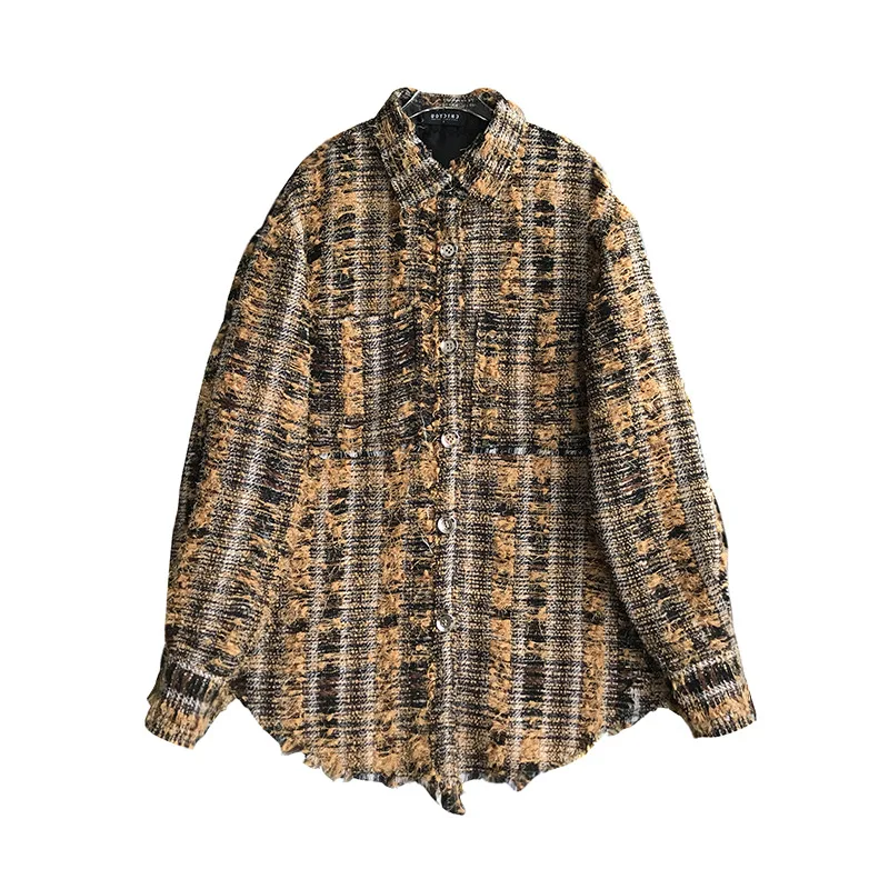 

[DEAT] New Khaki Lapel Collar Long Sleeve Single Breasted Print Contrast Color Shirt Coat Women 2021 Spring And Summer GX1064