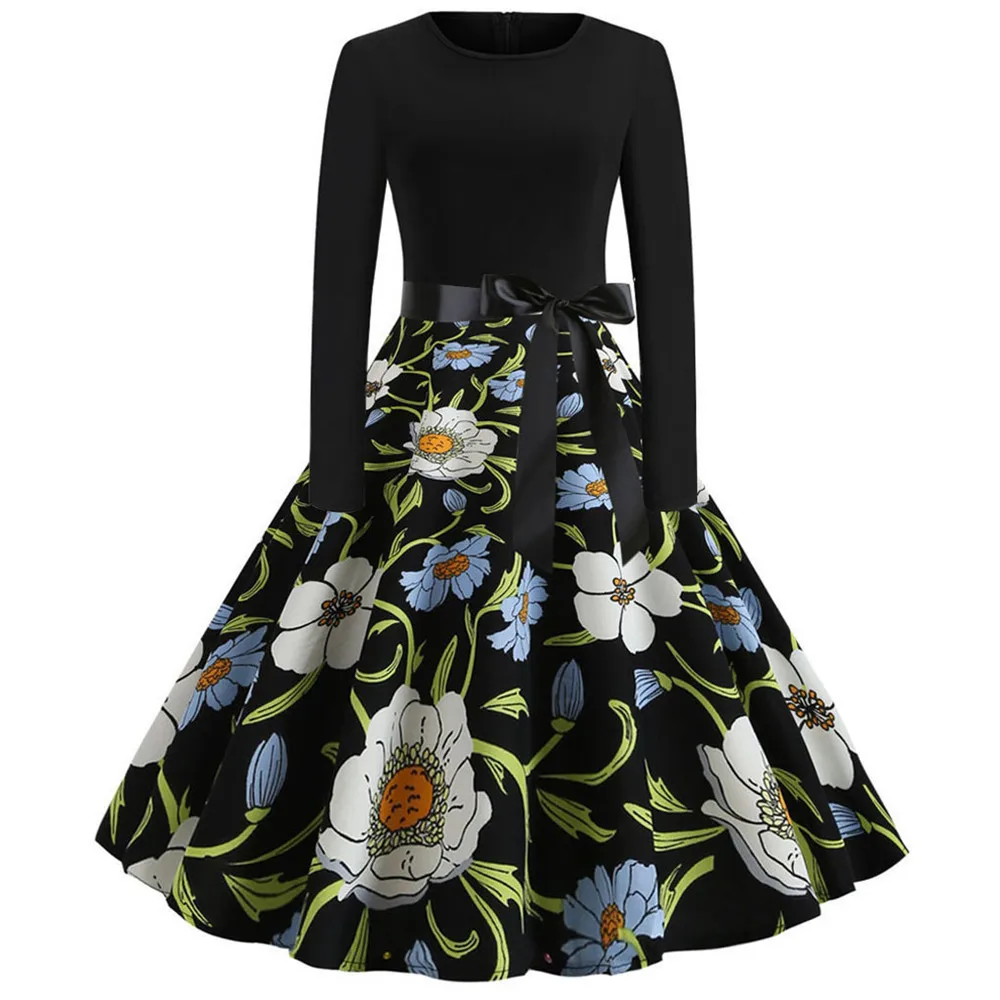 Осенне-зимнее принтованное платье с подсолнухами с длинным рукавом женское винтажное пин-ап рокабилли черное лоскутное платье до колен для вечеринок ТРАПЕЦИЕВИДНОЕ