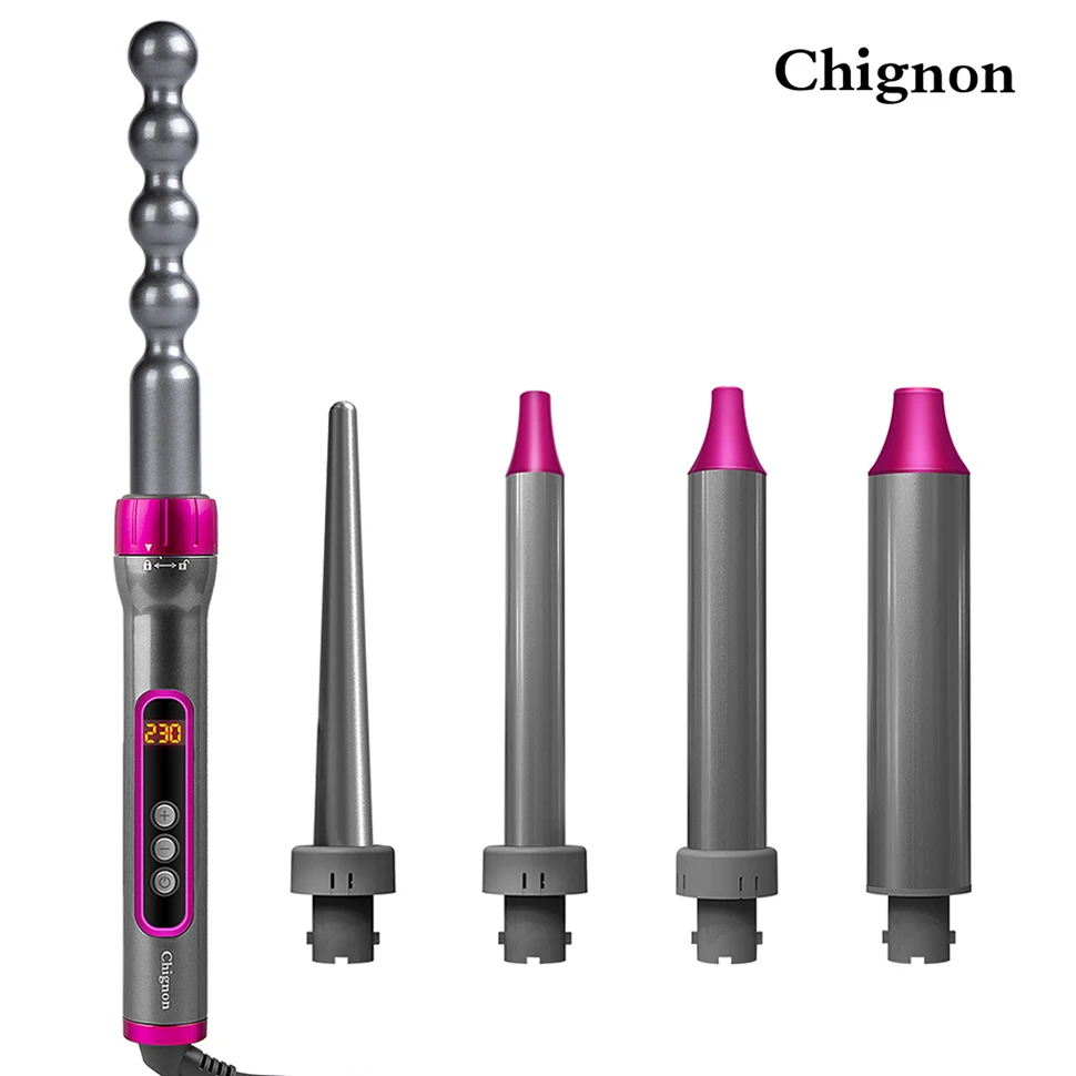 

5 IN 1 Interchangeable Smart Digital Display Pear Flower Cone Ceramic Hair Curler Iron Set + Heat Resistant Glove Styling Tool