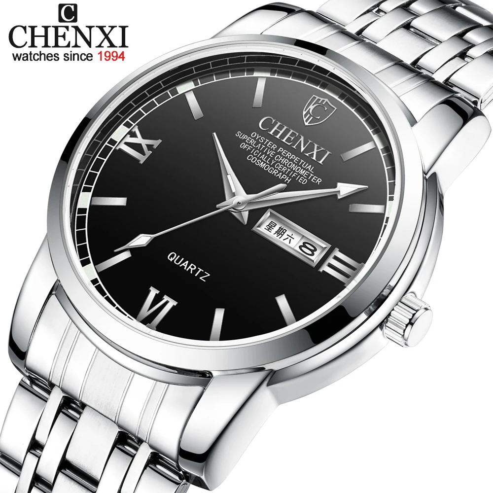 Мужские наручные часы CHENXI серебристые/черные кварцевые из нержавеющей стали