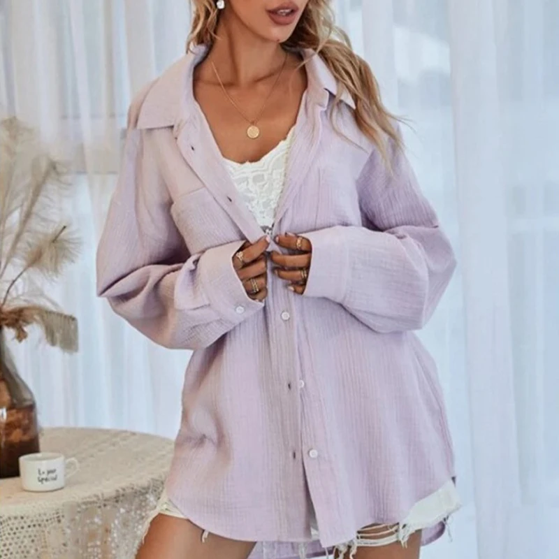 

2021 Streetwear Autumn Women Solid Loose Cardigan Shirt Spring Turn-Down Collar Tops Blusa Casual Button Long Sleeve Blouse Coat